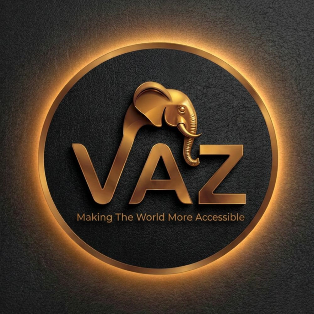 Elegant gold VAZ logo with an elephant and glowing ring on black textured background.
