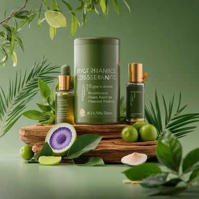 Green cosmetic bottles and natural ingredients arranged on wood with lush foliage.