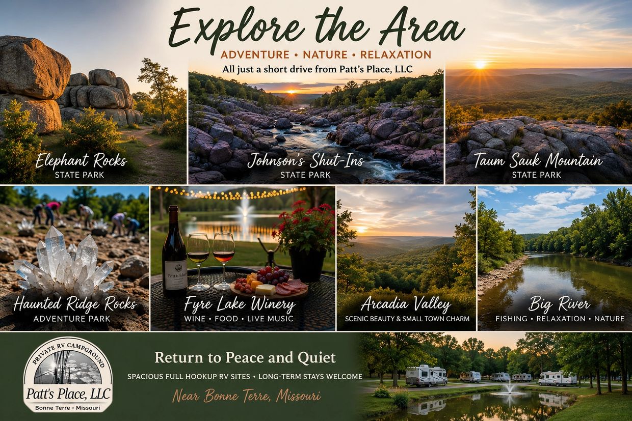 Scenic outdoor parks, winery, and RV campground near Bonne Terre, Missouri.