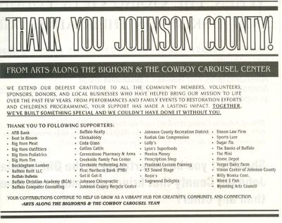 Thank you message from Arts Along The Bighorn & The Cowboy Carousel Center to Johnson County supporters.