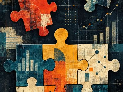 Colorful puzzle pieces with data charts and graphs.