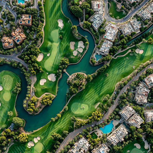 Aerial view of a golf course surrounded by residential buildings and water features.