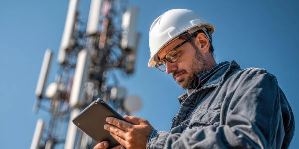 Engineer in hard hat using tablet near communication tower.