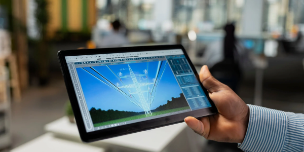 Person holding tablet displaying 3D architectural design software.