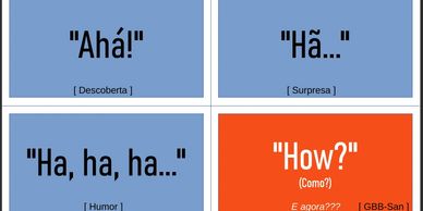 Four panels showing different emotional expressions with Portuguese and English phrases.