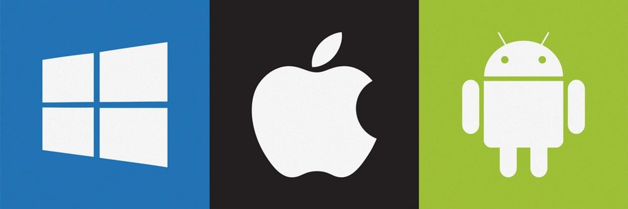 Apple logo: Iconic silver apple with a bite taken out 
Android logo and Windows logo