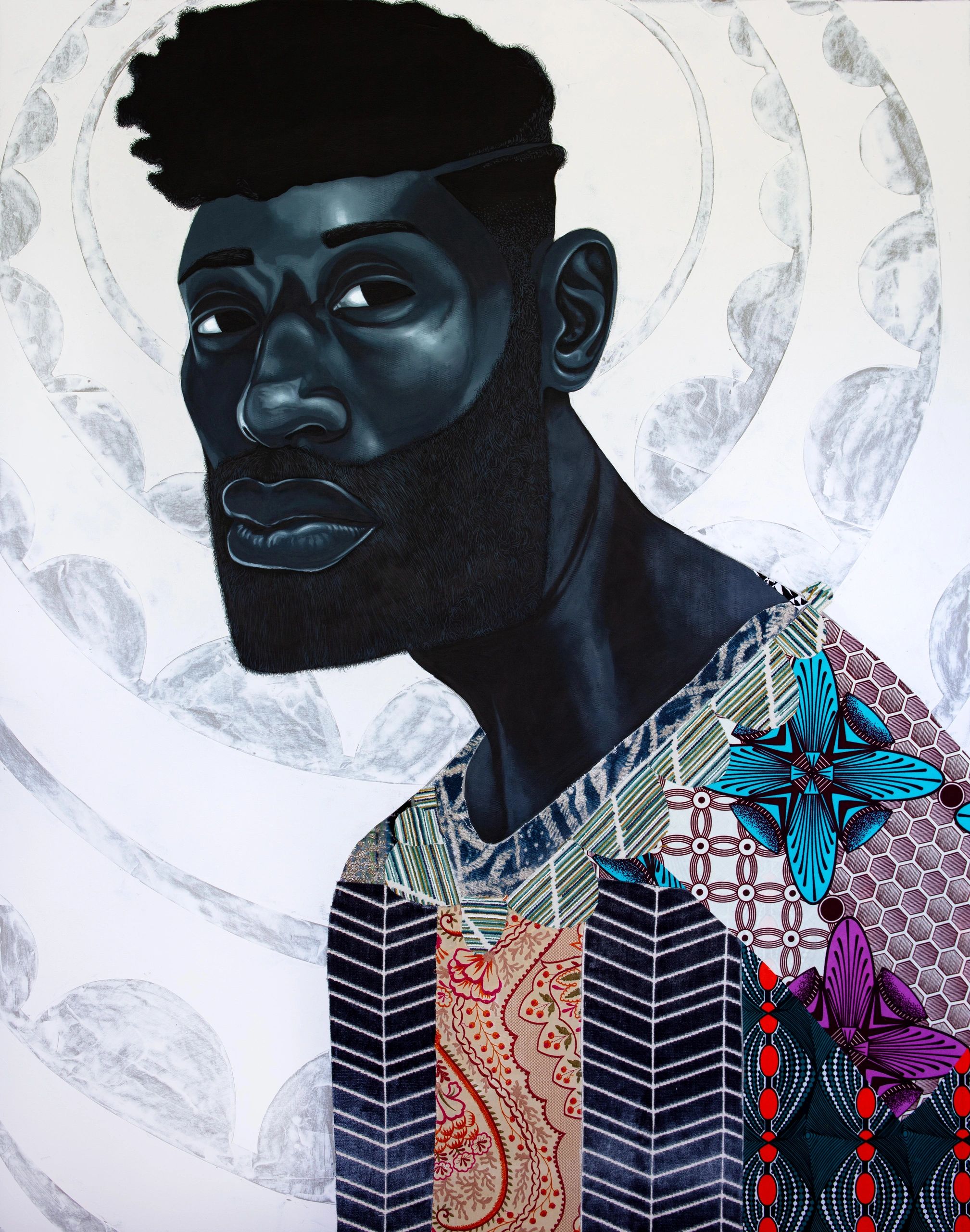 "Megah" an original painting with collaged Fabric on 48"x 60" canvas from the series "Fiber Secrets"