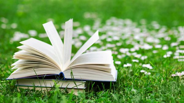 An open book with fanned pages lies on a stack of books in a field of green grass and white flowers