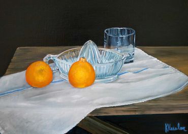 Still life oil painting of oranges with citrus juicer and glass by Katrina Heisler.