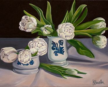 "Unfurling" 2021, original oil on linen canvas by Katrina Heisler, 12"w x 9"h, white double tulips