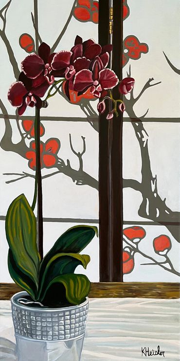 "Studio Orchid", oil on linen canvas, 12” w x 24” h, 2023 by Katrina Heisler, Haverhill, MA