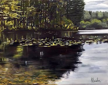"Crystal Lake - Yellow Lilies" Oil painting on linen canvas, Haverhill, MA by Katrina Heisler, 2021,