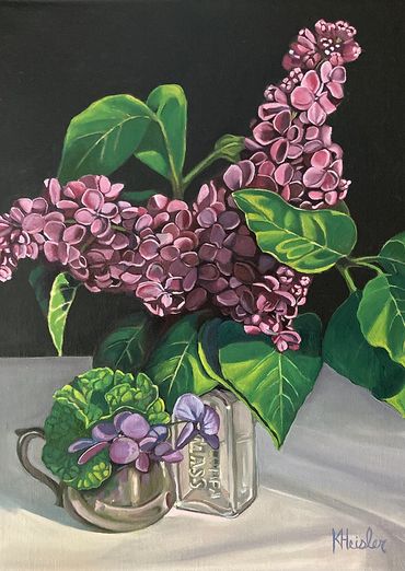 Lilacs & Violets (Floral Series), 2022, Oil on linen canvas by Katrina Heisler,  9" w x 12" h, 
