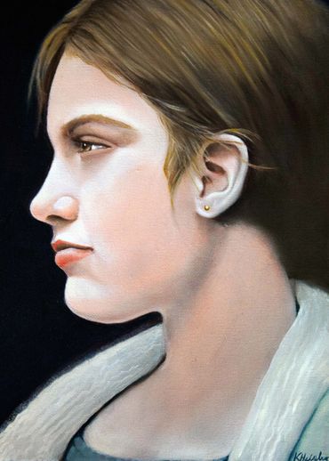 "Mae" 2016 portrait in oil on canvas. 9"x12" by Katrina Heisler
