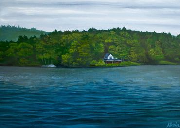 Landscape oil painting on linen panel by Katrina Heisler, "Secluded" from on Lake Winnipesaukee NH