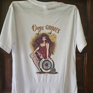 White T-shirt with a vintage pin-up girl and 'Only Graves' text.