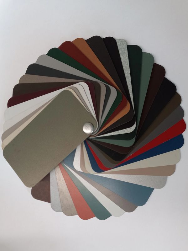 Metal color samples fanned out to show all 36 available color options. Request samples today!