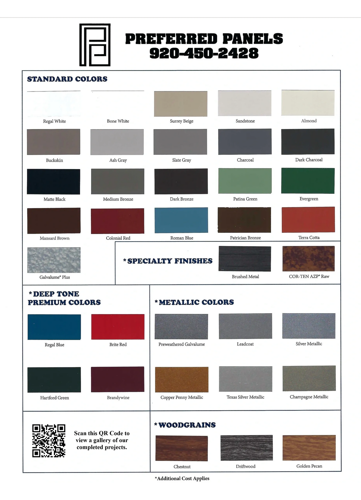 Preferred Panels' color chart with 36 color options! Color samples are available upon request.