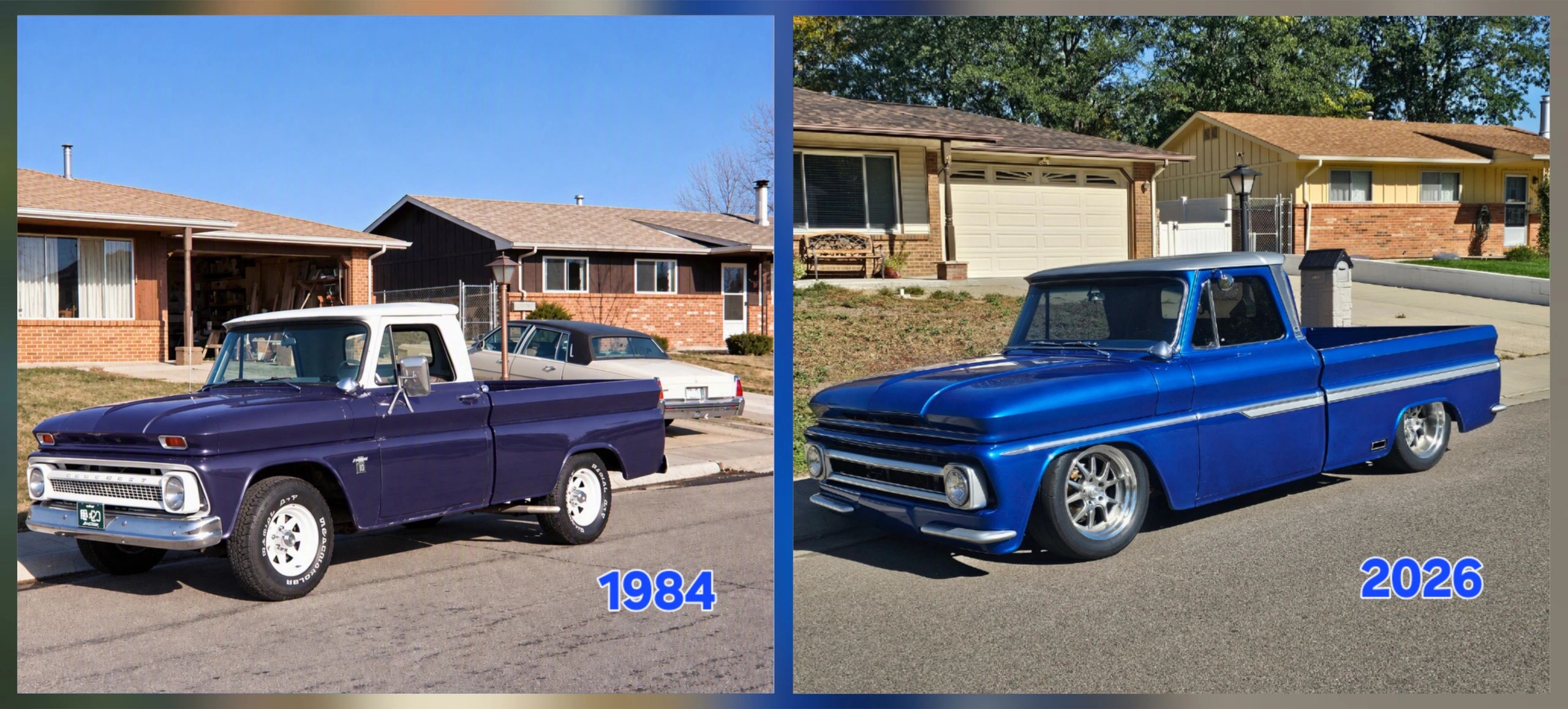 Two classic pickup trucks side-by-side from 1984 and 2026.