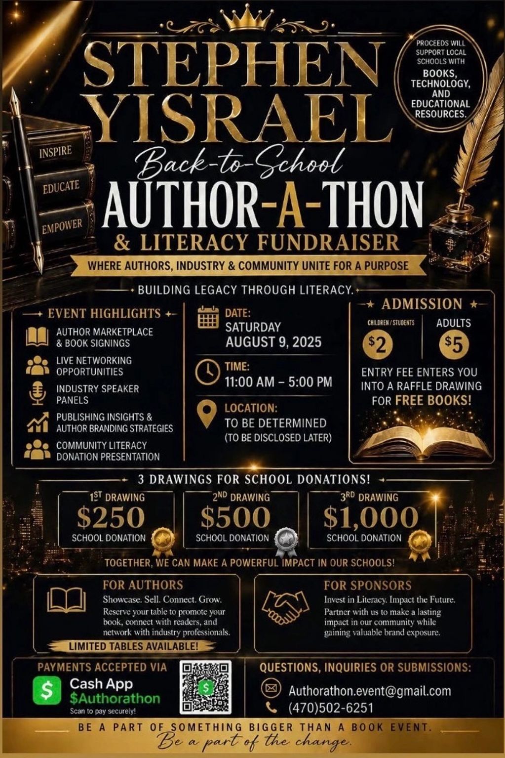 Stephen Yisrael Back-to-School Author-A-Thon and literacy fundraiser event details.