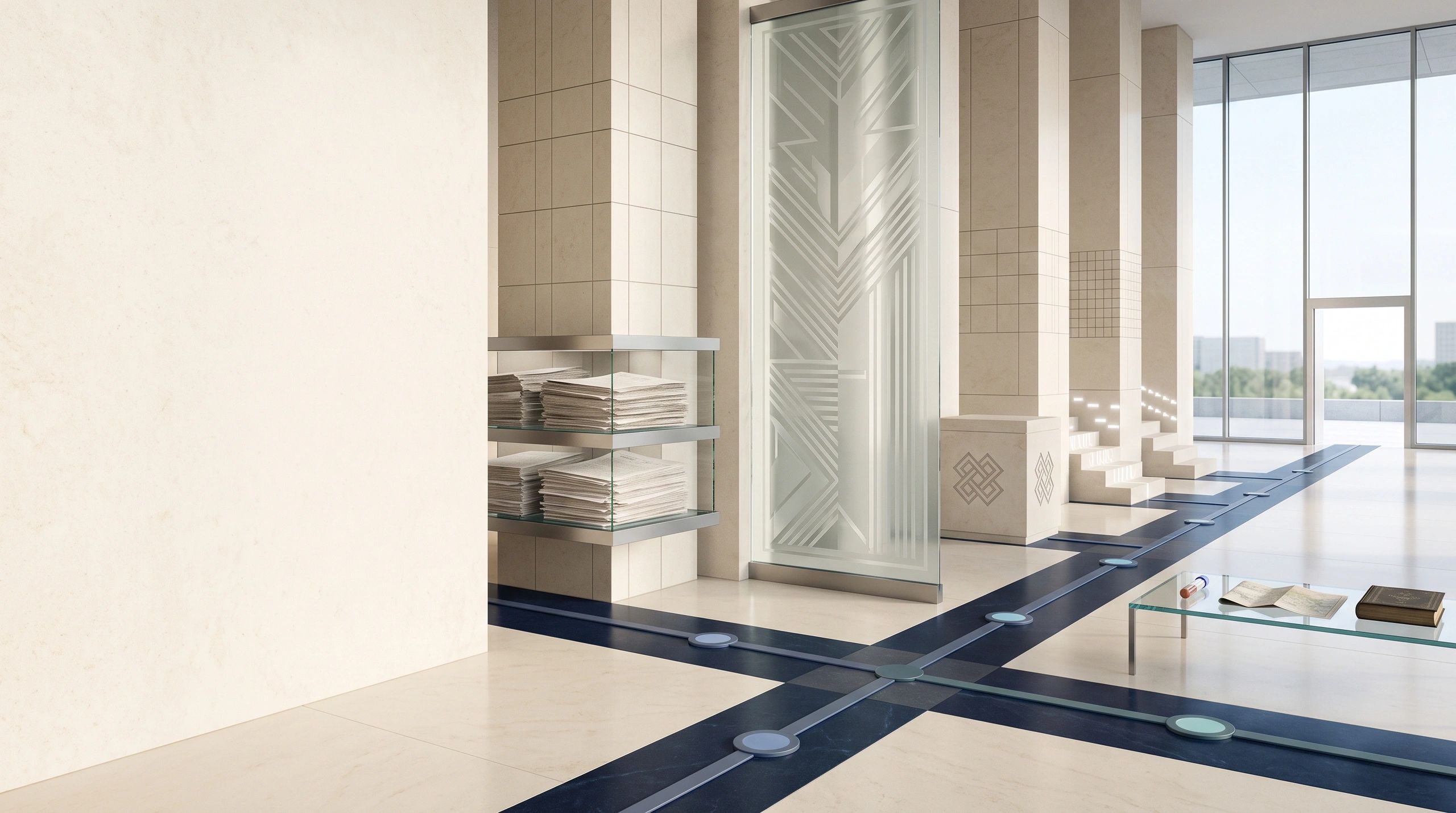 Abstract courthouse geometry, preserved records and intersecting legal pathways in ivory and navy.