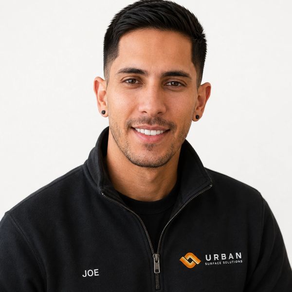 Smiling man wearing a black jacket with "Joe" and company logo.