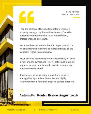 Renter review from Antoinette recommending Square Investments Real Estate for fair, professional pro
