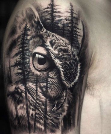 Black and grey forest and owl sleeve tattoo by Amber Tattoos Ajax ON