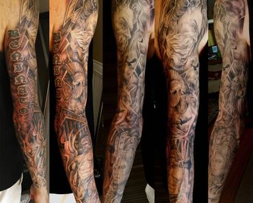 Black and grey Greek mythology sleeve tattoo by Amber Tattoos Ajax ON