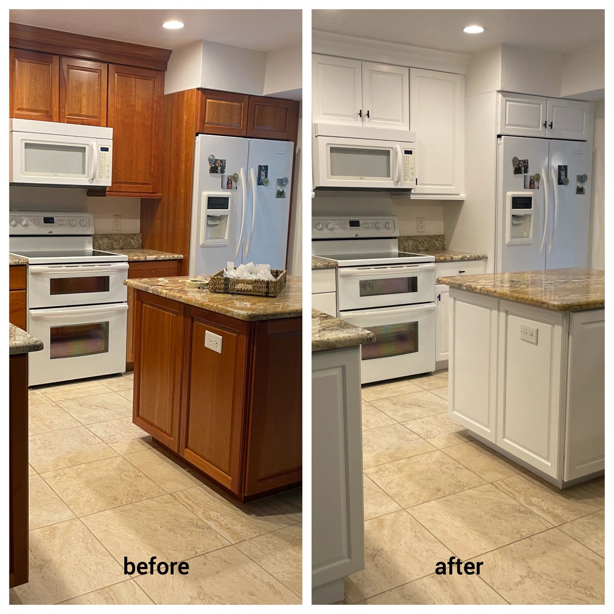 Before and after photos of of kitchen cabinets painted by Myers Cape Coral painting.