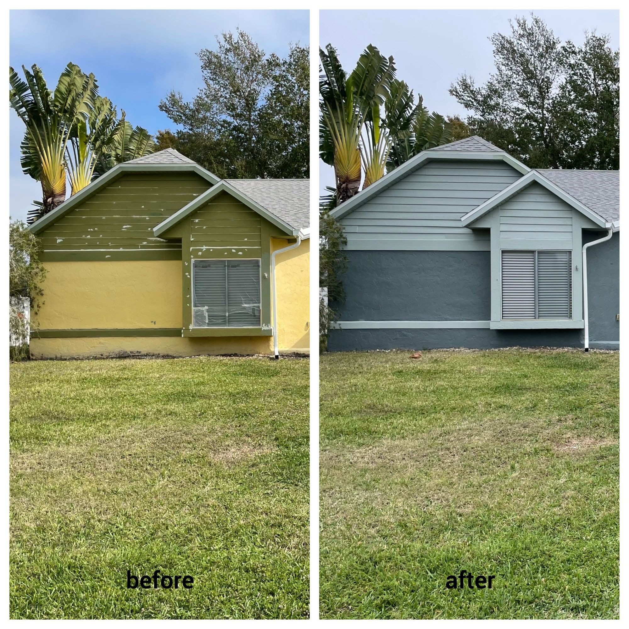 Before and after photos of of a house painted by Myers Cape Coral painting.