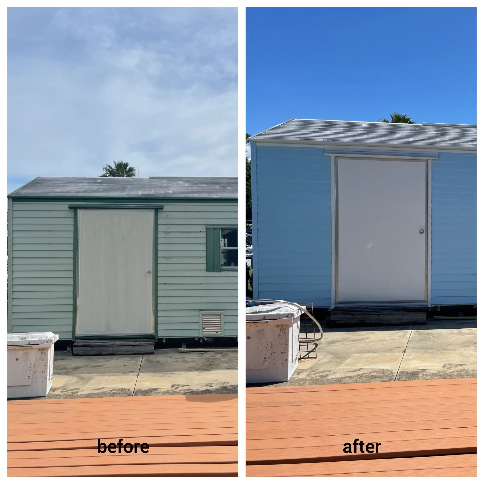Before and after photos of of a shed painted by Myers Cape Coral painting.