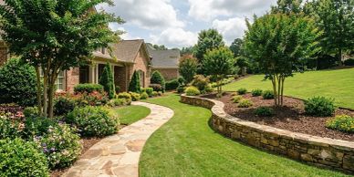 Curved stone walkway beside a manicured lawn and garden beds in a residential yard.
