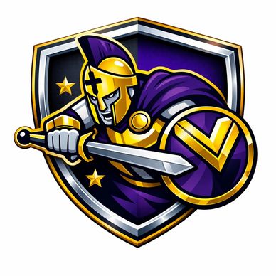 Warrior with sword and shield emblem.