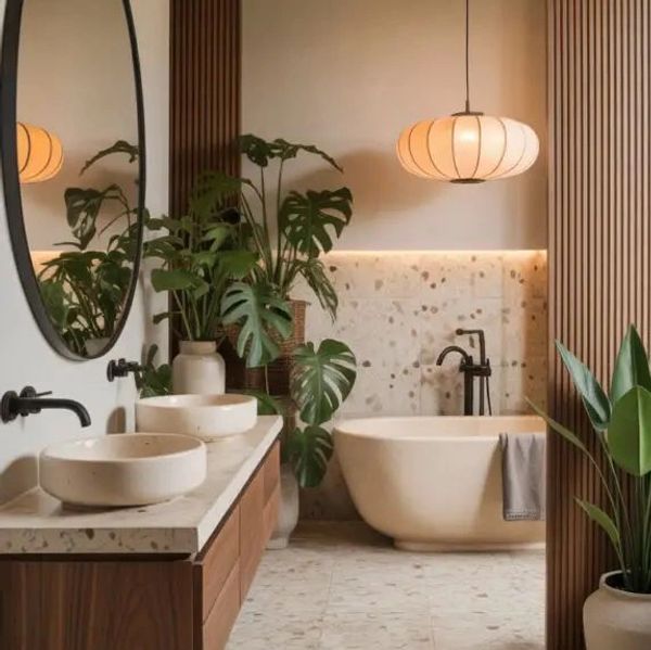Modern bathroom with terrazzo flooring, double sinks, plants, and a hanging light fixture.