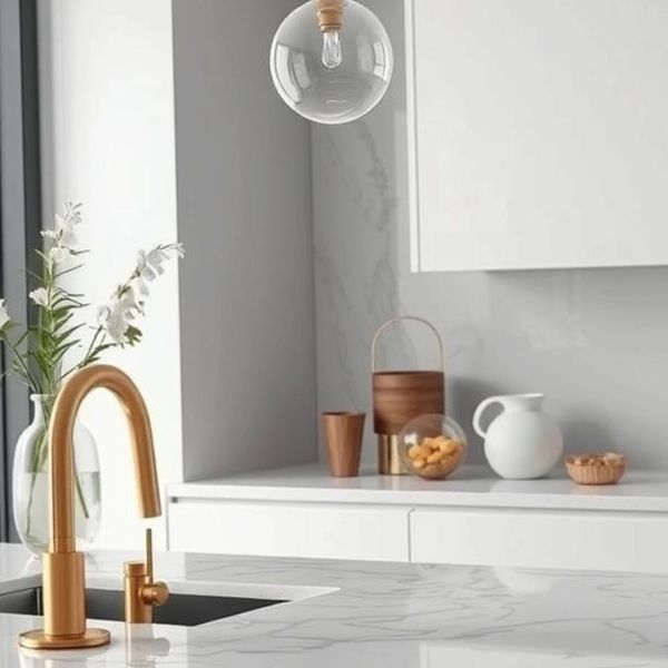 Elegant kitchen with gold faucet and white marble countertop.