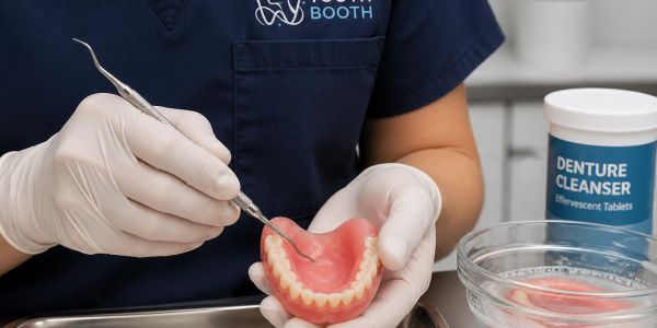 Dentist cleaning a set of dentures with a dental tool.