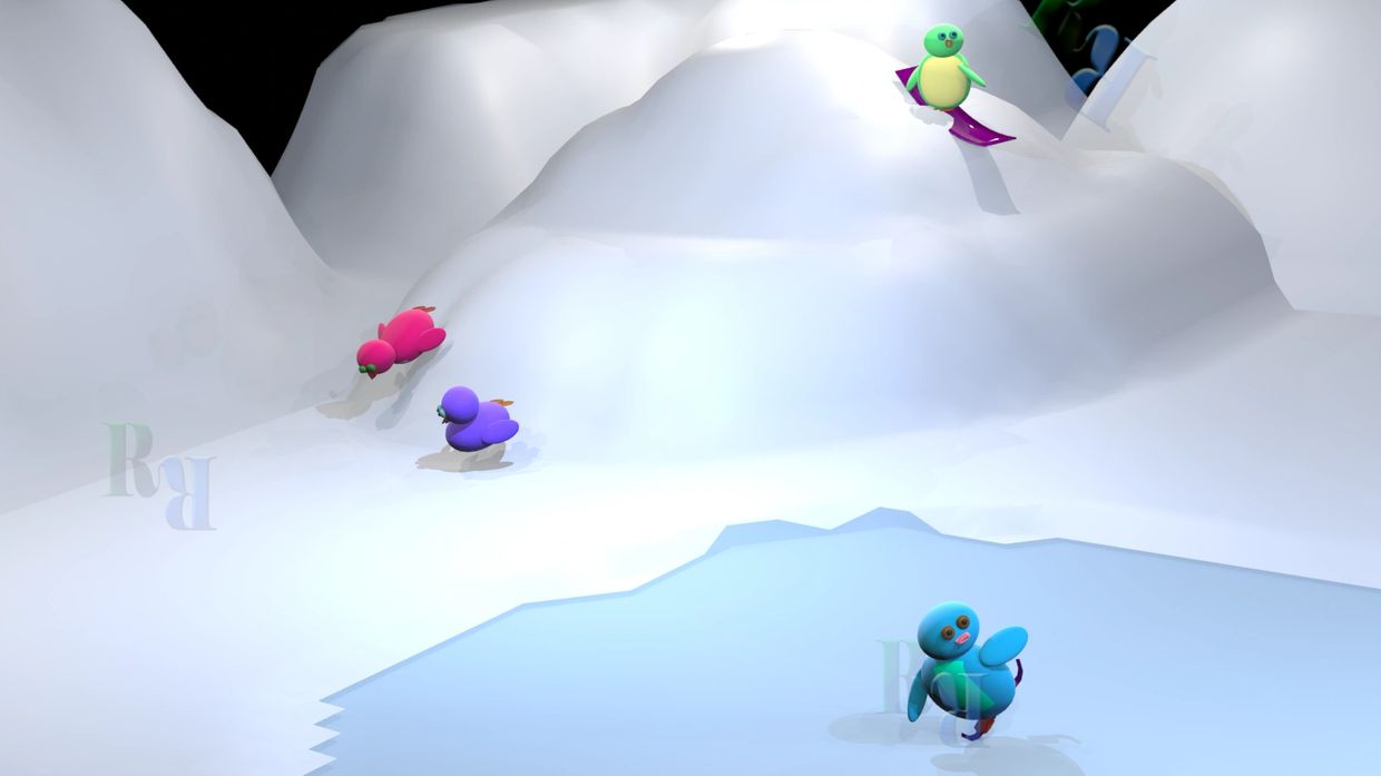 Colorful cartoon birds on a snowy hill and ice.