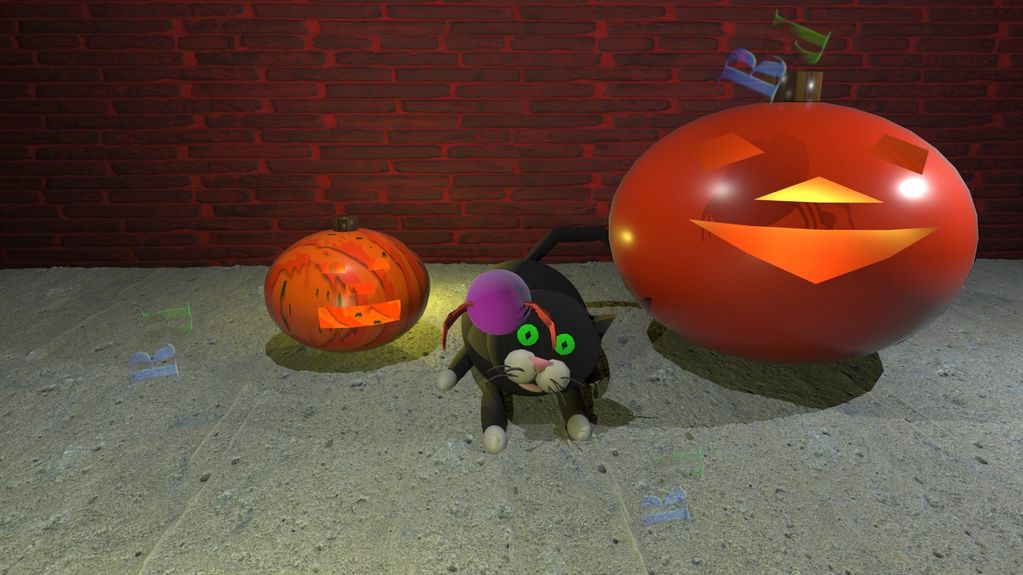 Halloween scene: Animation still of Spooky cat meeting Sammy spider and two jack-o-lanterns on patio