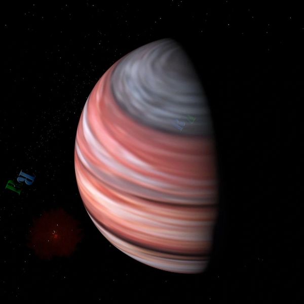 A digitally rendered colorful striped planet in space.