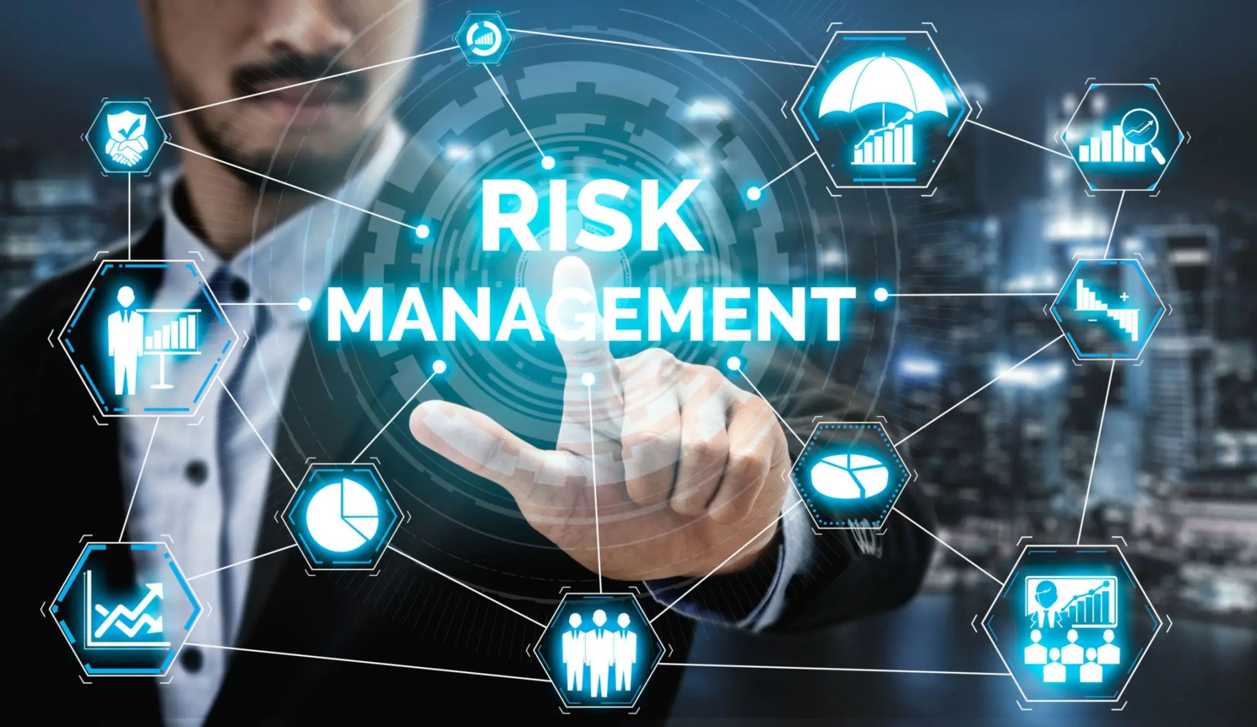 Businessman touching risk management interface.