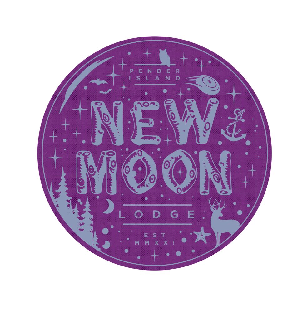 Logo for "New Moon Lodge" B&B Purple circle with icons depicting tall trees, a buck, a golf disc, an