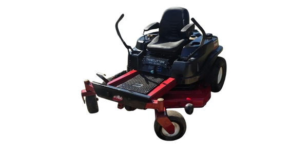 Zero-turn riding lawn mower with black seat and red base.