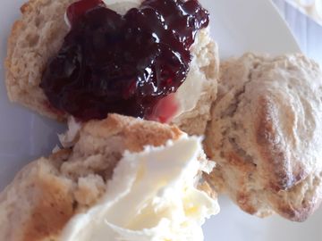 Freshly baked scones on a white plate served with clotted cream and Welsh Morello Cherry jam. 