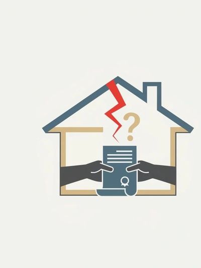 Two hands exchange a document inside a cracked house with a question mark.