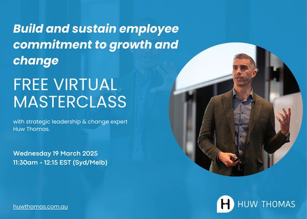 Promotional image for a free virtual masterclass on employee growth and change by Huw Thomas.