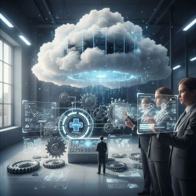 Business professionals managing HIPAA privacy with futuristic cloud technology and data interfaces.