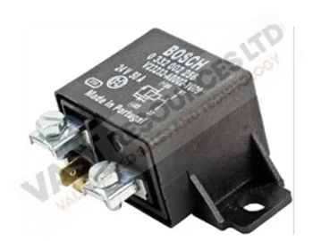 Black Bosch automotive relay with metal connectors and mounting bracket.