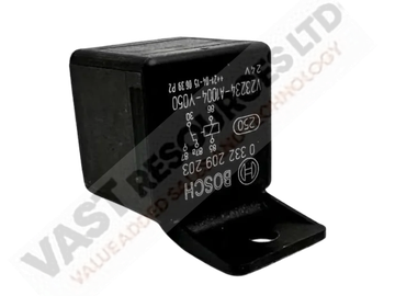 Black Bosch automotive relay with mounting bracket.