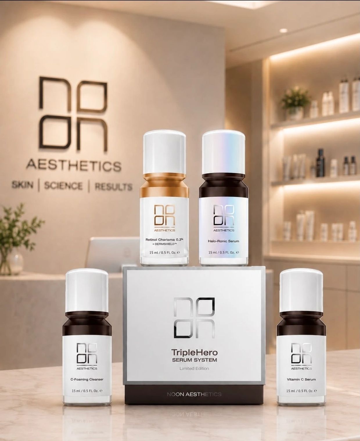 Noon Aesthetics TripleHero skincare serum set.